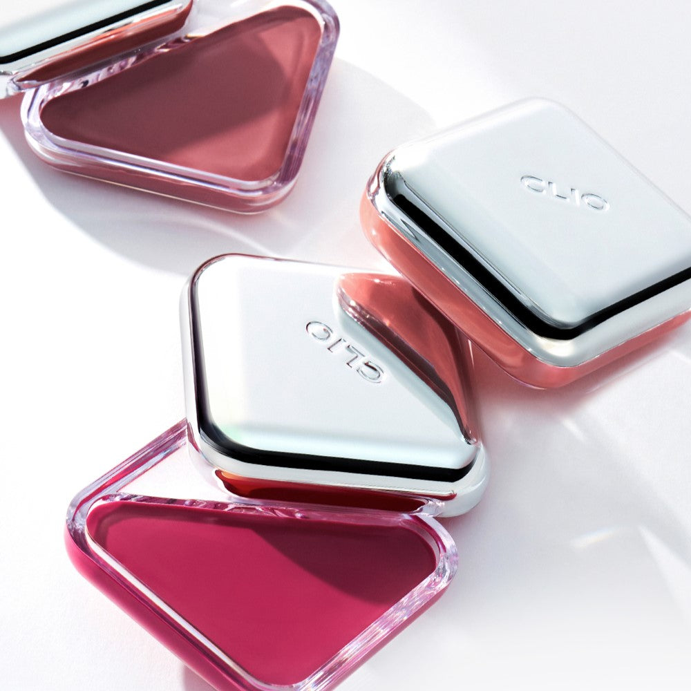 CLIO Essential Lip Cheek in sleek containers with vibrant shades, perfect for both lips and cheeks, offering a fresh and stylish look.