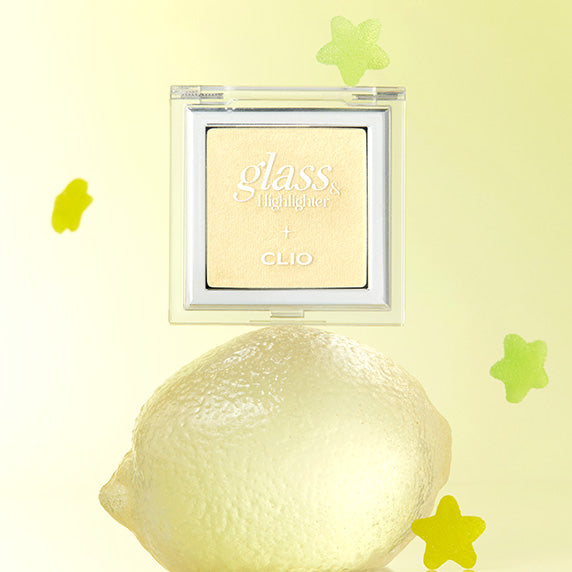 CLIO Glass & Highlighter [New Color Release] - luxury makeup highlighter on lemon background with vibrant stars and fresh aesthetics.