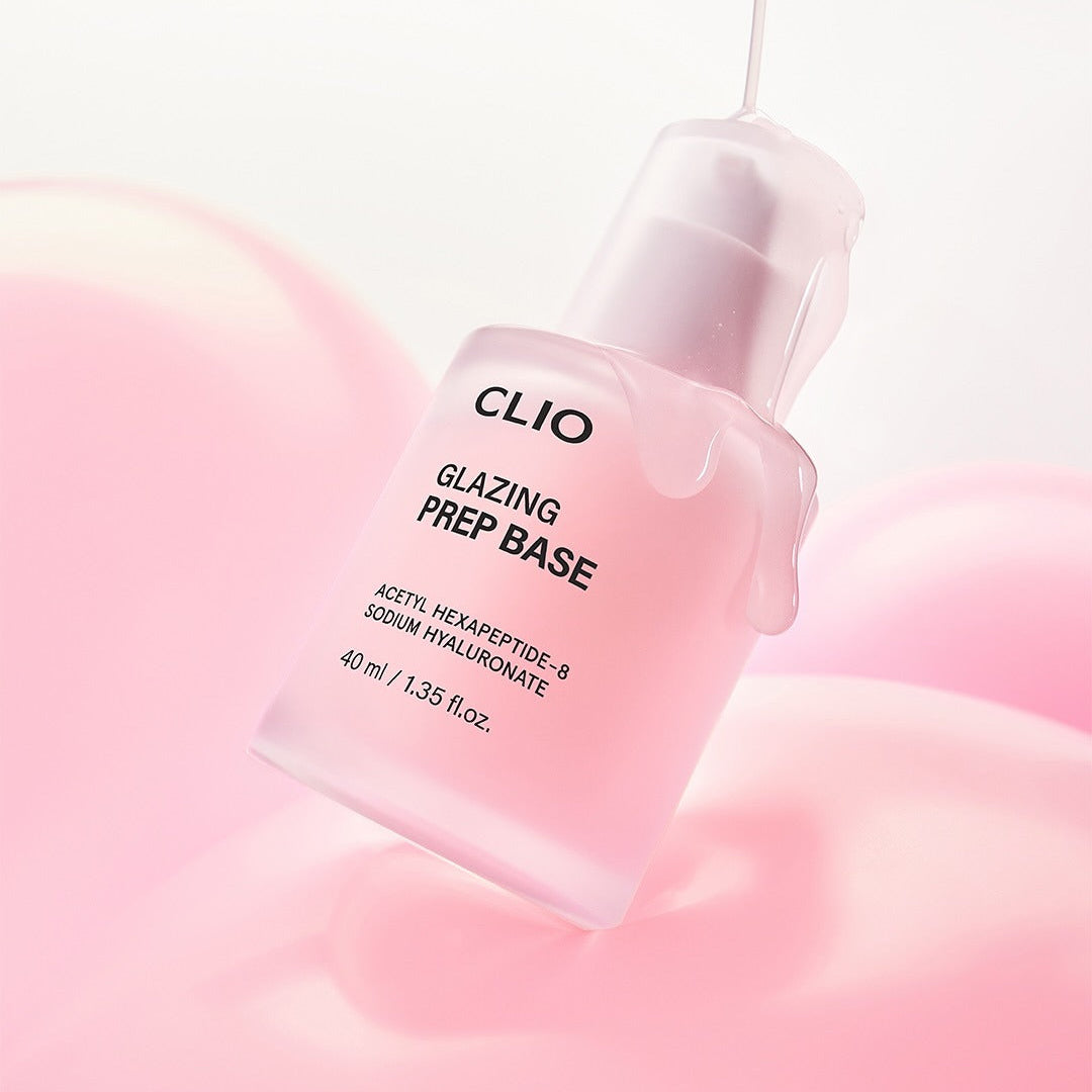 CLIO Glazing Prep Base 40ml bottle on pink background, skincare product.