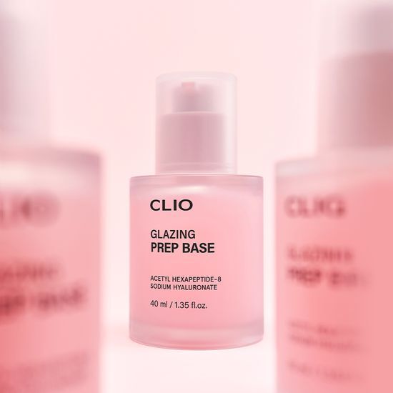 CLIO Glazing Prep Base 40ml product bottle with soft pink background