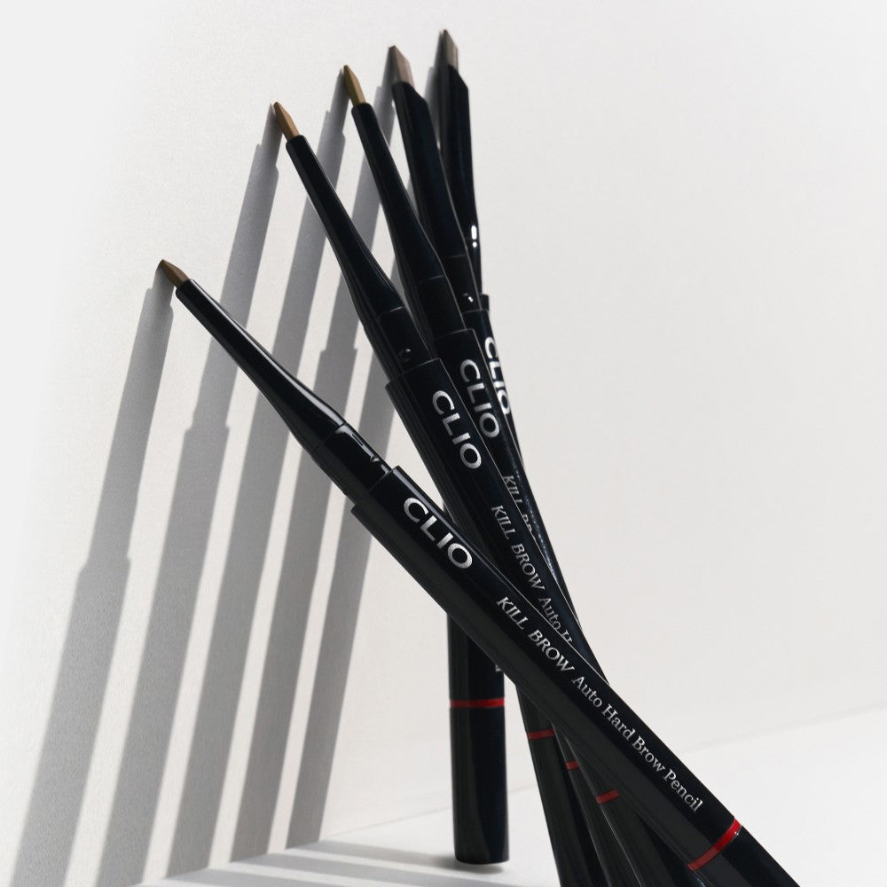 CLIO Kill Brow Auto Hard Brow Pencil lineup showcasing angled tips in stylish black packaging.