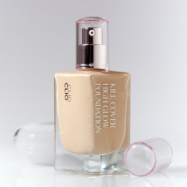 CLIO Kill Cover High Glow Foundation 38g bottle with cap removed, showcasing product design and packaging.