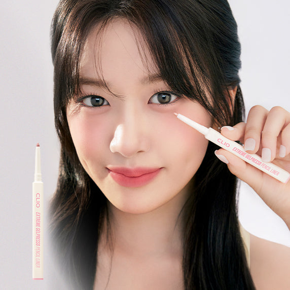 Woman applying CLIO NEW Extreme Gelpresso Pencil Liner, showcasing precise liner application with product packaging.
