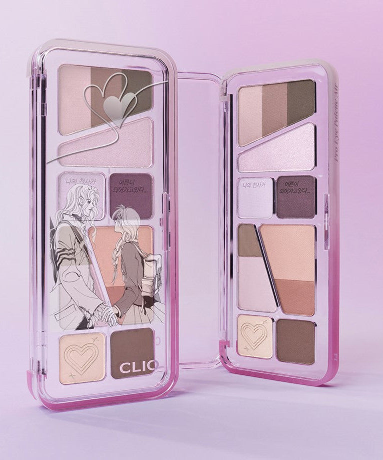 CLIO Pro Eye Palette Air (#01 to #15) featuring a pink themed makeup palette with multiple shades in an open case.