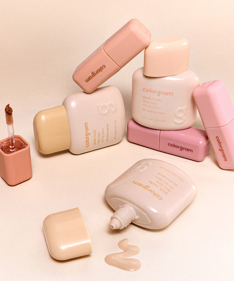 COLORGRAM Geek Nude SKin Tint 30ml bottles and swatches on display