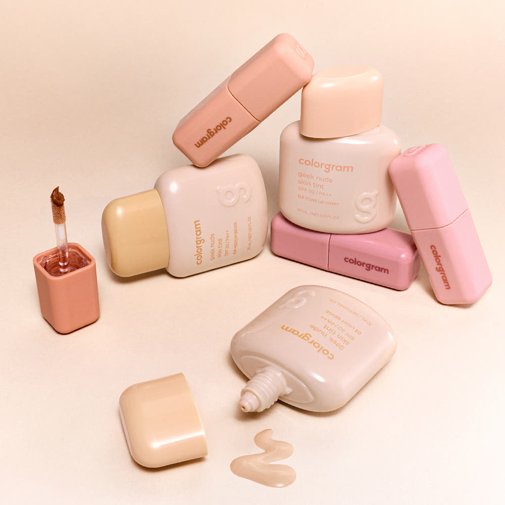 COLORGRAM Geek Nude SKin Tint 30ml bottles and swatches on display