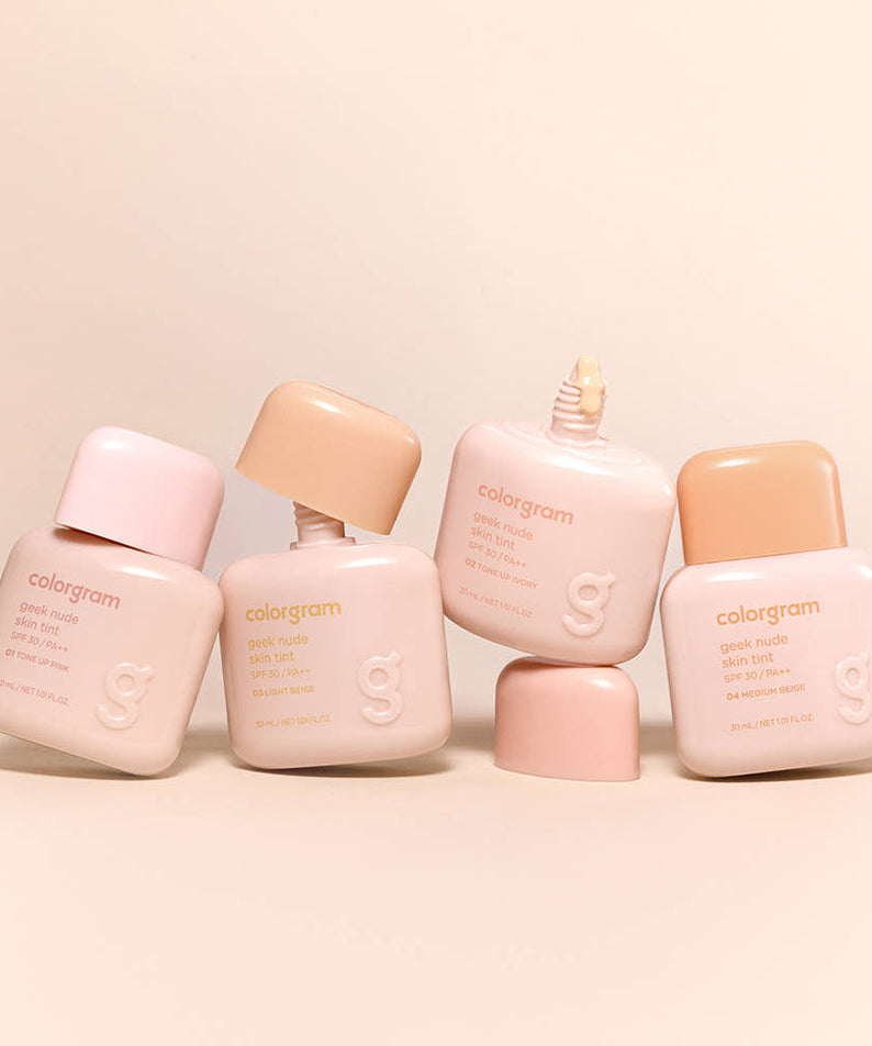 Five bottles of COLORGRAM Geek Nude SKin Tint 30ml arranged on display, highlighting the product packaging and branding.
