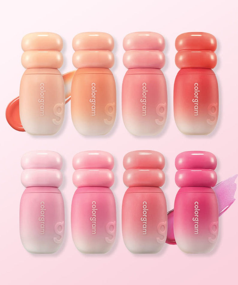 Assorted COLORGRAM Juicy Jam Blur Tint 5g lip products in various shades displayed in a grid layout.