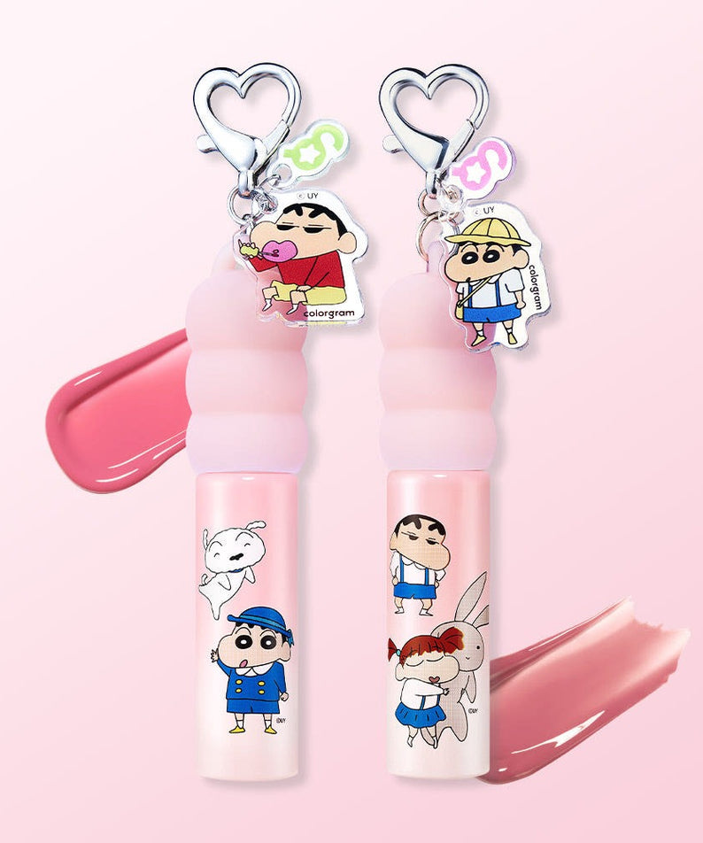 COLORGRAM Tanghulu Tangle Tint Milk 3g on pink background with cute character illustrations and heart-shaped keychains, cosmetic tint.