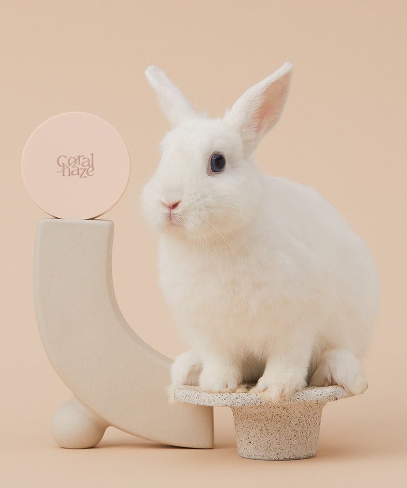 White rabbit beside CORALHAZE Fixing Blur Cushion SPF50 PA++++ 13g on beige background
