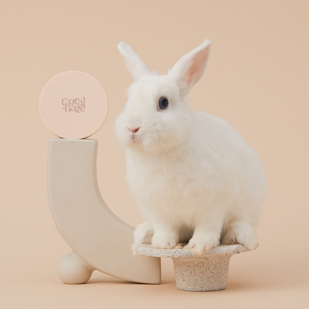 White rabbit beside CORALHAZE Fixing Blur Cushion SPF50 PA++++ 13g on beige background