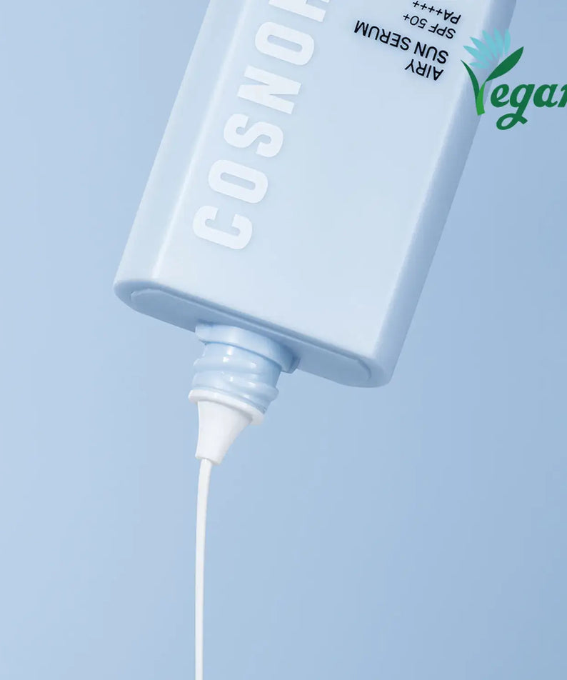 COSNORI Airy Tone Up Sun Serum with vegan label, displaying lightweight sun protection formula in soft blue packaging.
