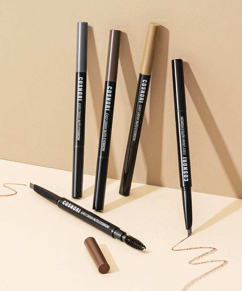 COSNORI Easy Draw Auto Eyebrow pencils displayed in various shades on a beige background.