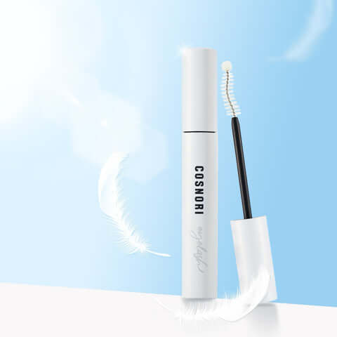 COSNORI Long Active Eyelash Serum against a blue sky background with a floating feather.
