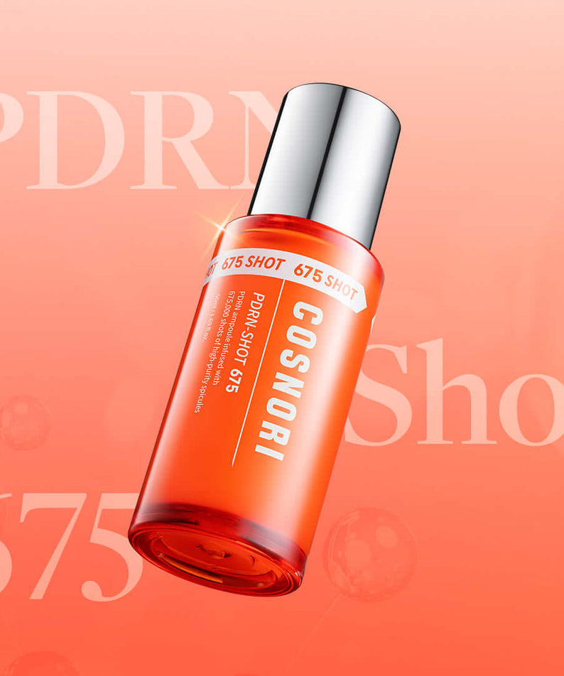 COSNORI PDRN Shot 675 50ml product image with vibrant orange packaging and silver cap, highlighting skincare benefits.