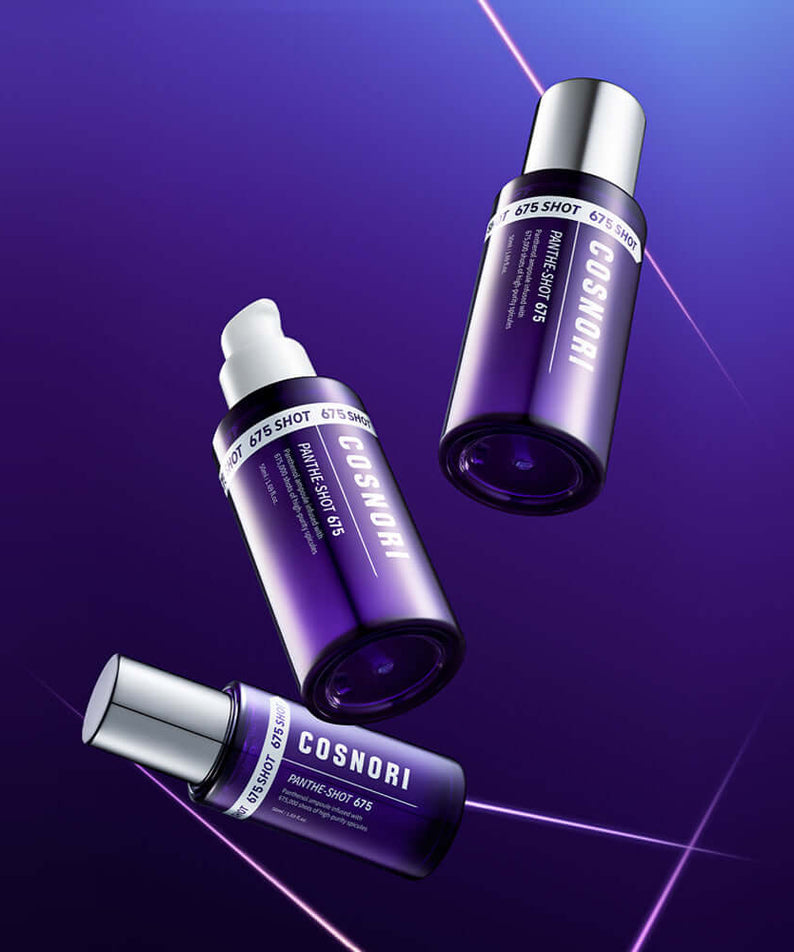 Cosmetic bottles of COSNORI Panthe-Shot 675 50ml on purple background with sleek design