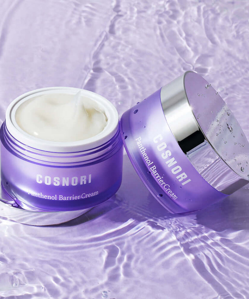 COSNORI Panthenol Barrier Cream 50ml jar on a purple water-themed background