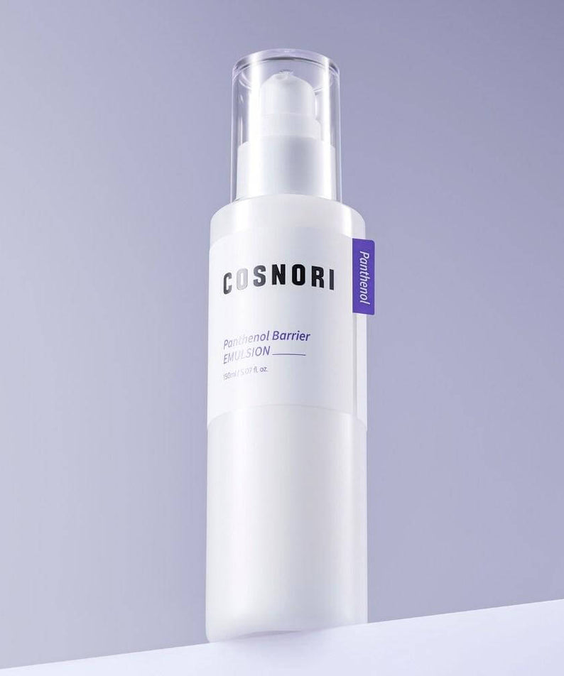 COSNORI Panthenol Barrier Emulsion 150ml product bottle on a purple background
