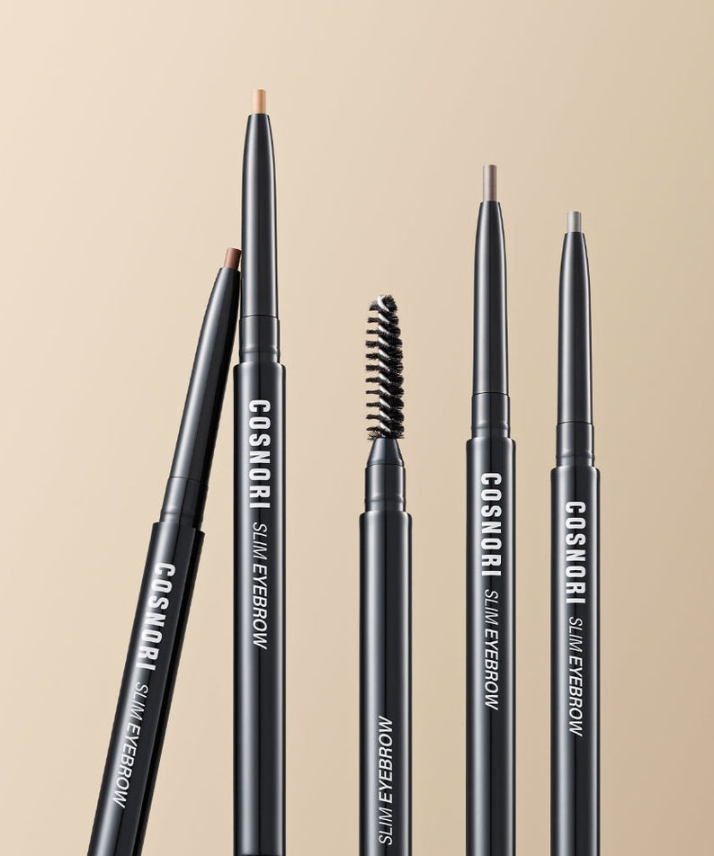 Five COSNORI Slim Eyebrow Pencil products displayed on a neutral background, showcasing different pencil tips and a spoolie brush.