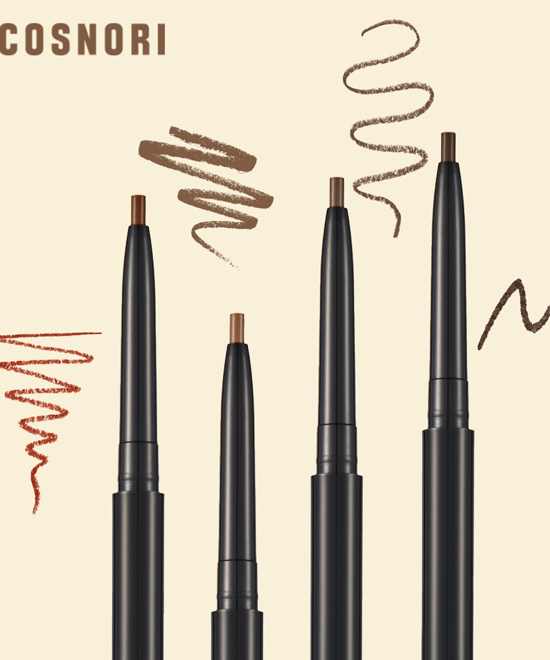 COSNORI Slim Eyebrow Pencil in various colors and strokes on a cream background.
