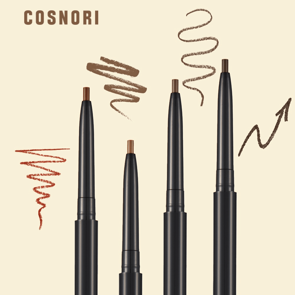 COSNORI Slim Eyebrow Pencil in various colors and strokes on a cream background.