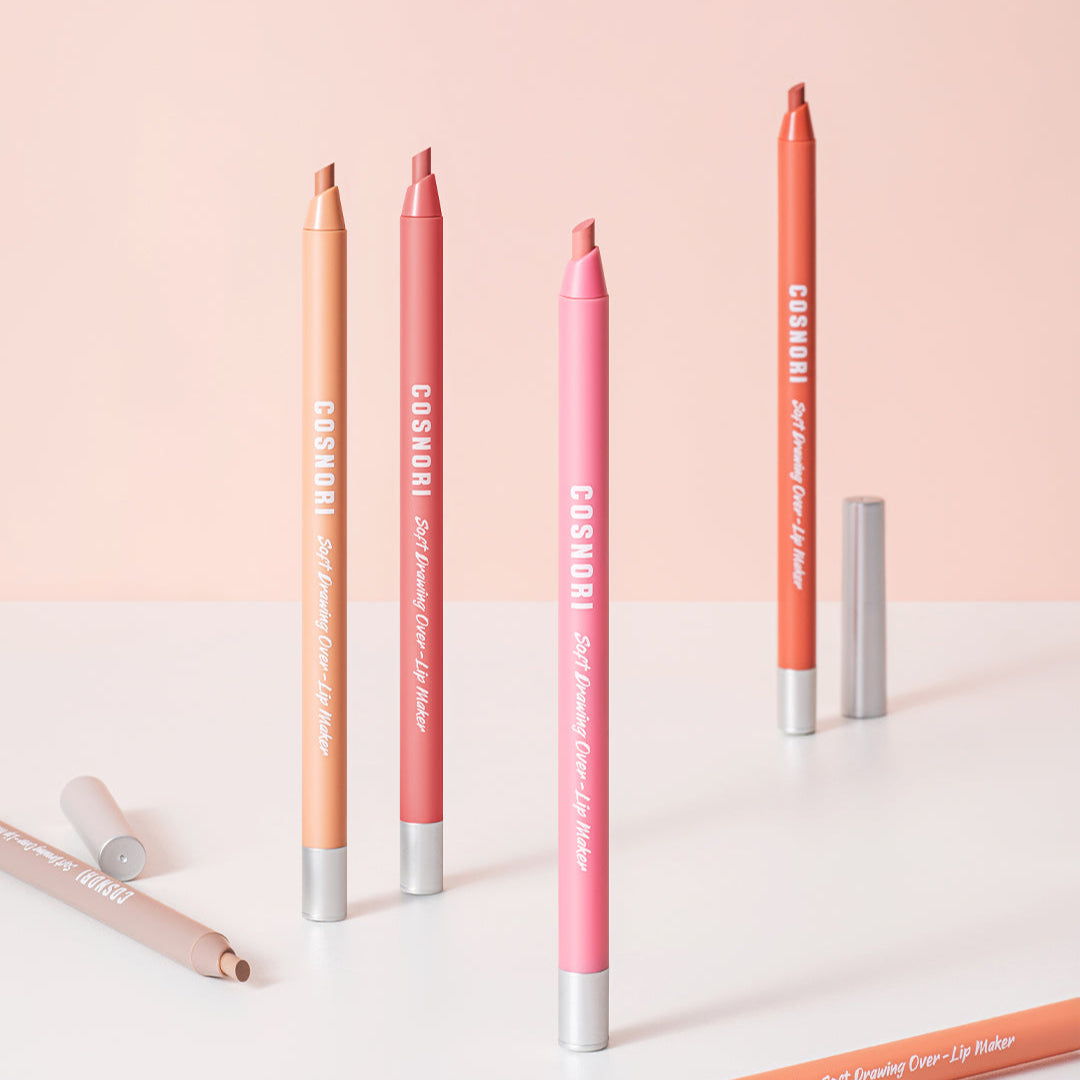 COSNORI Soft Drawing Overlip Maker lip pencils in various shades on a pastel background.