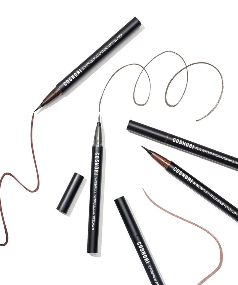 COSNORI Superproof Fiting Brush Eyeliner pens with drawn lines showing precision and color variety.