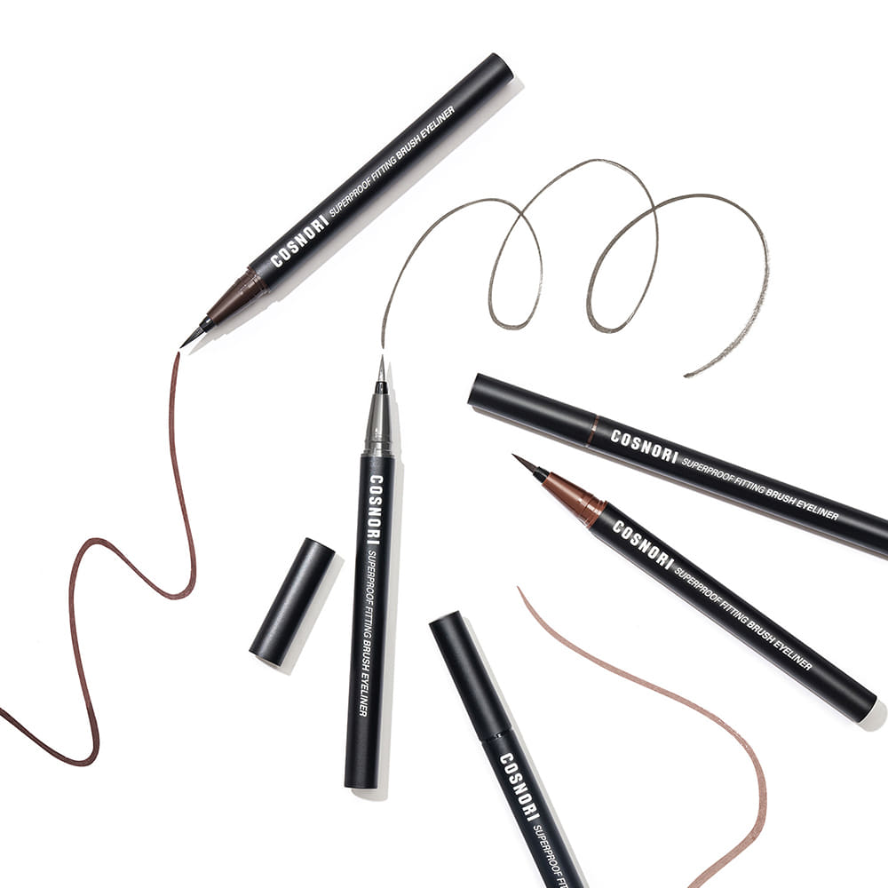 COSNORI Superproof Fiting Brush Eyeliner pens with drawn lines showing precision and color variety.