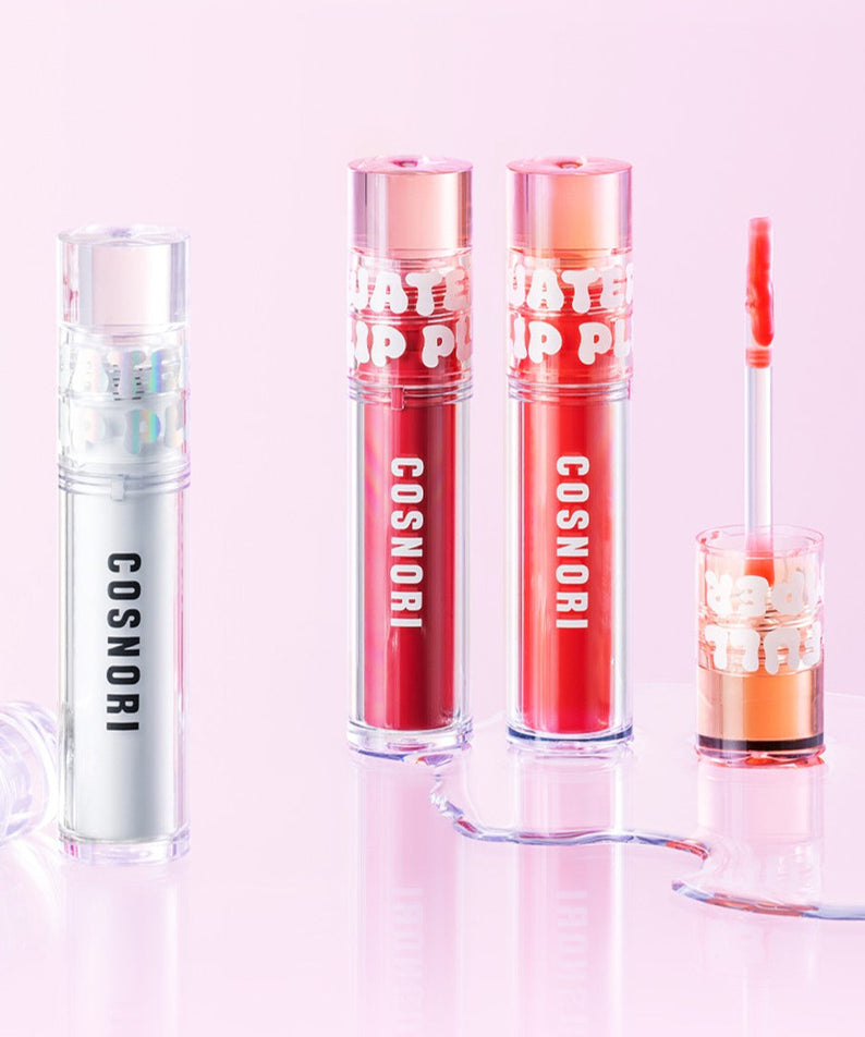 COSNORI Waterful Lip Plumper tubes and applicator on a pink background.