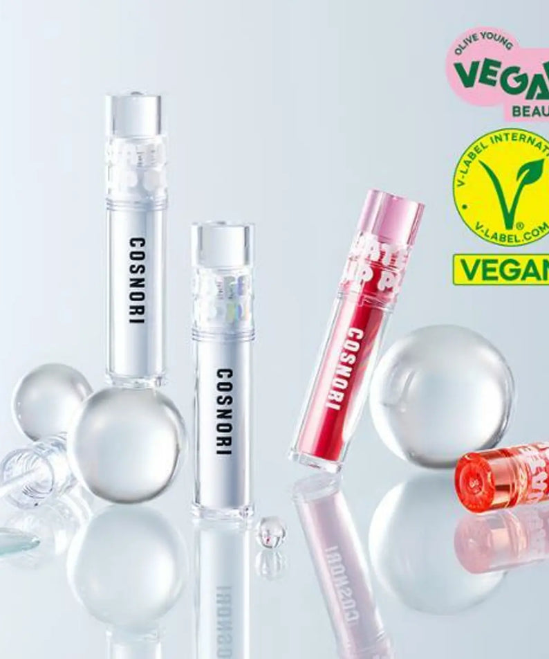 COSNORI Waterful Lip Plumper collection with vegan labels and product packaging.