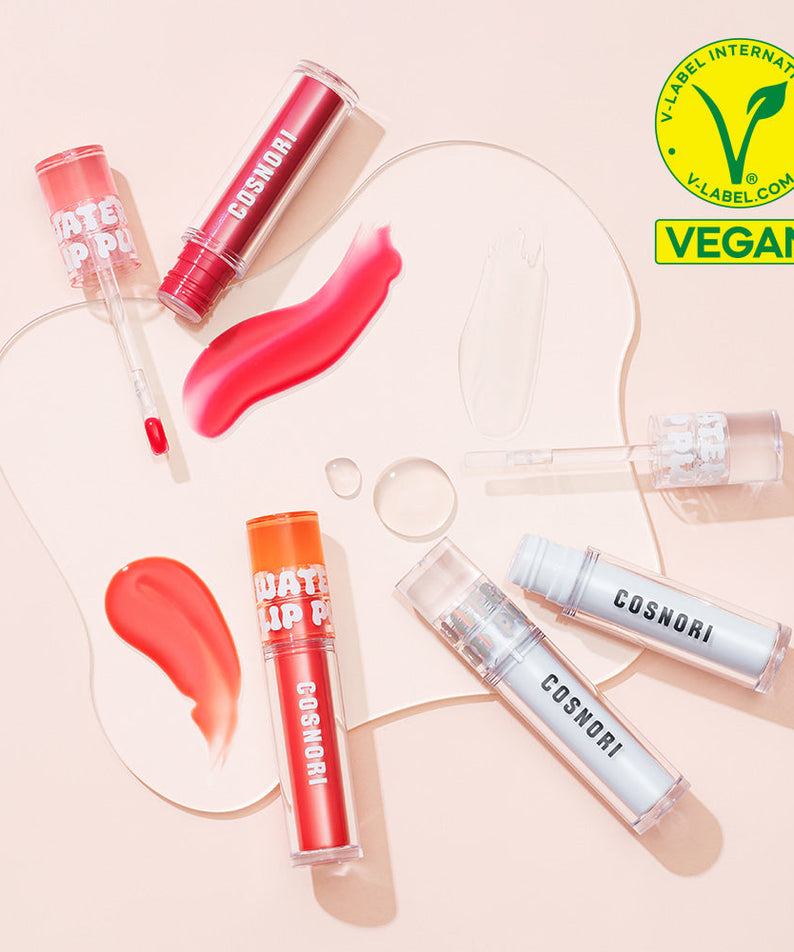 COSNORI Waterful Lip Plumper displayed with vibrant colors on a peach background, vegan certified.