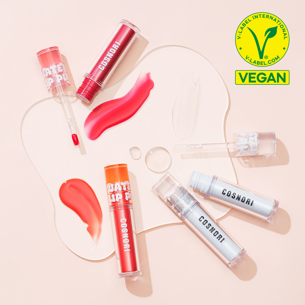 COSNORI Waterful Lip Plumper displayed with vibrant colors on a peach background, vegan certified.