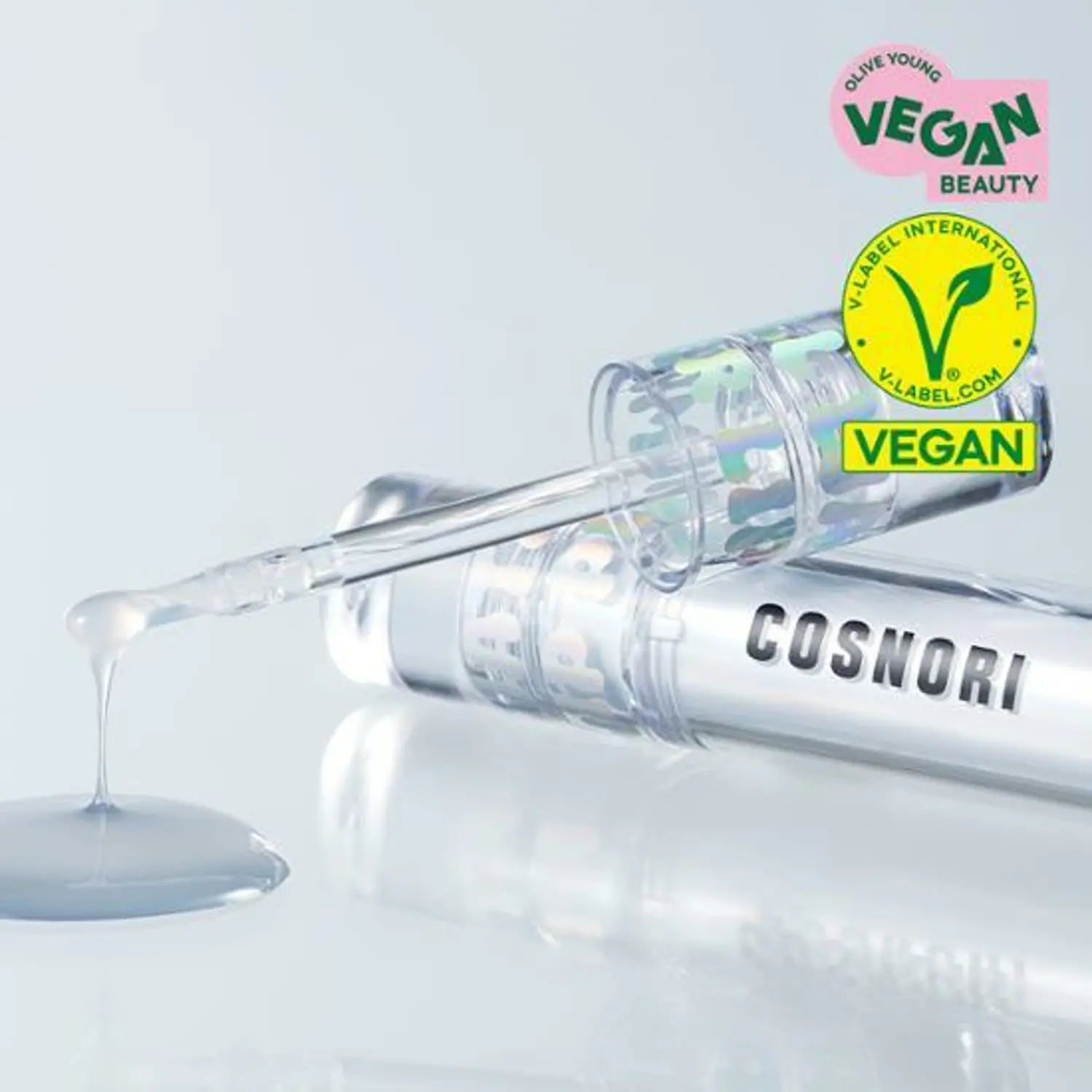COSNORI Waterful Lip Plumper with vegan certification, showcasing a glossy, moisturizing formula in a clear tube.