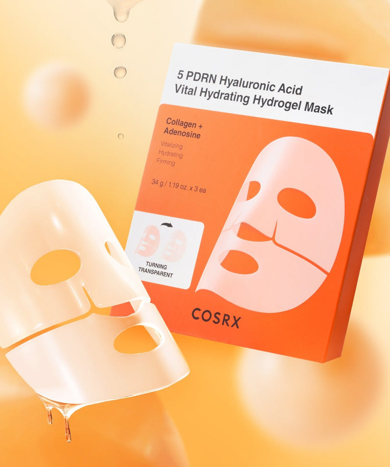 COSRX 5 PDRN Hyaluronic Acid Vital Hydrogel Mask (3 sheets) packaging and mask on a peach background