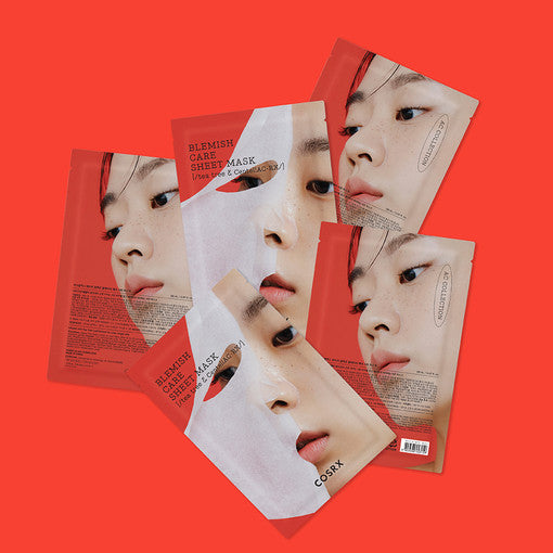 COSRX AC Collection Blemish Care Sheet Mask packaging on a red background showcasing product details and designed for skincare benefits.