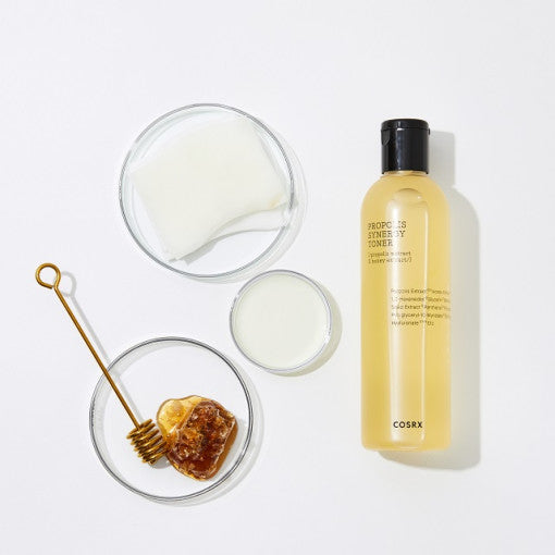 COSRX Full Fit Propolis Synergy Toner 280ml with honey and skincare ingredients on white background