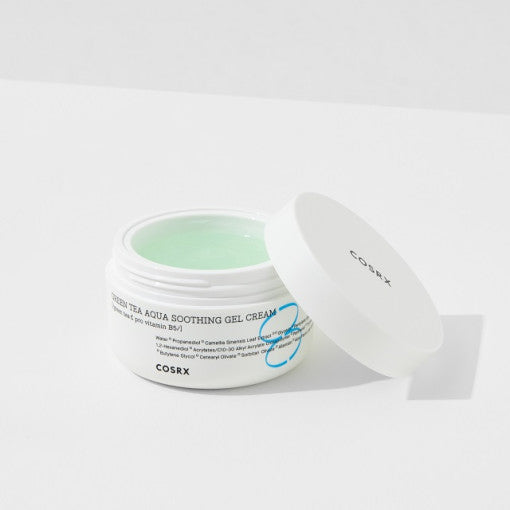 COSRX Hydrium Green Tea Soothing Gel Cream 50ml open jar on white backdrop