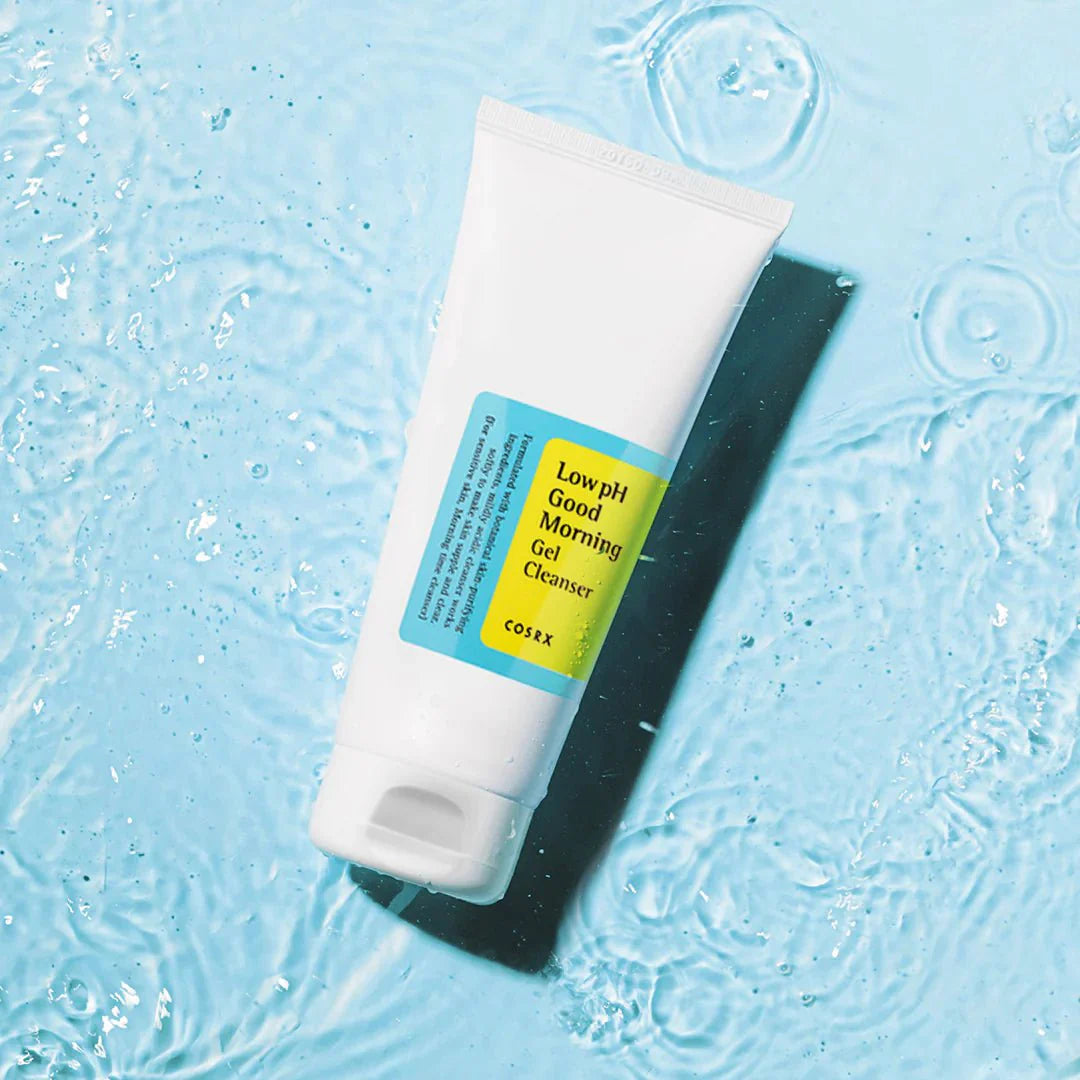 COSRX Low PH Good Morning Gel Cleanser 150ml on a watery blue background