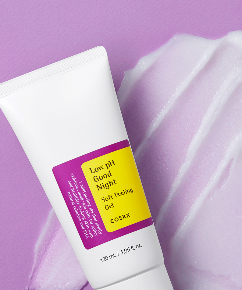 COSRX Low pH good night soft peeling Gel 120ml exfoliant for smooth skin on purple background