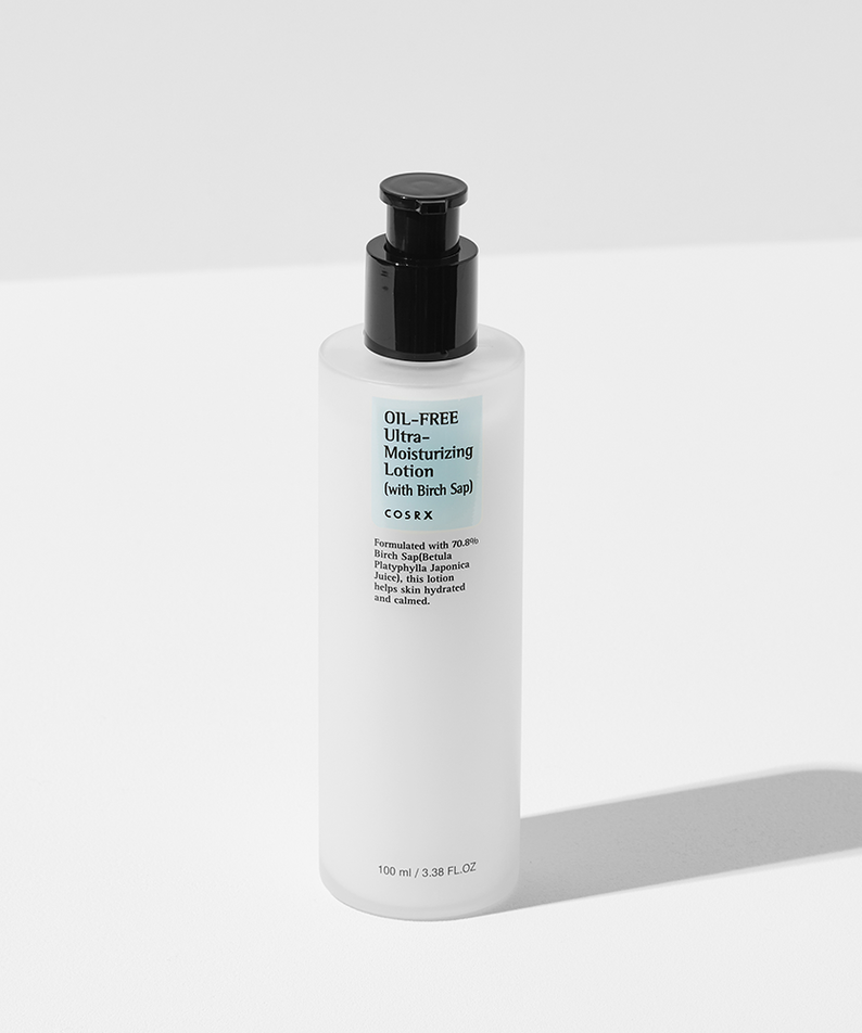 COSRX Oil free Ultra-Moisturizing Lotion 100ml bottle with birch sap formula for acne treatment and sensitive skin care.
