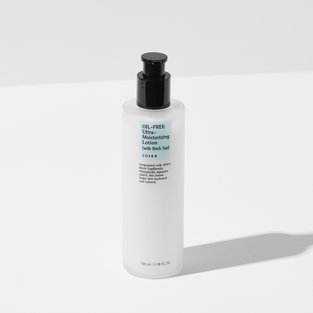COSRX Oil free Ultra-Moisturizing Lotion 100ml bottle with birch sap formula for acne treatment and sensitive skin care.