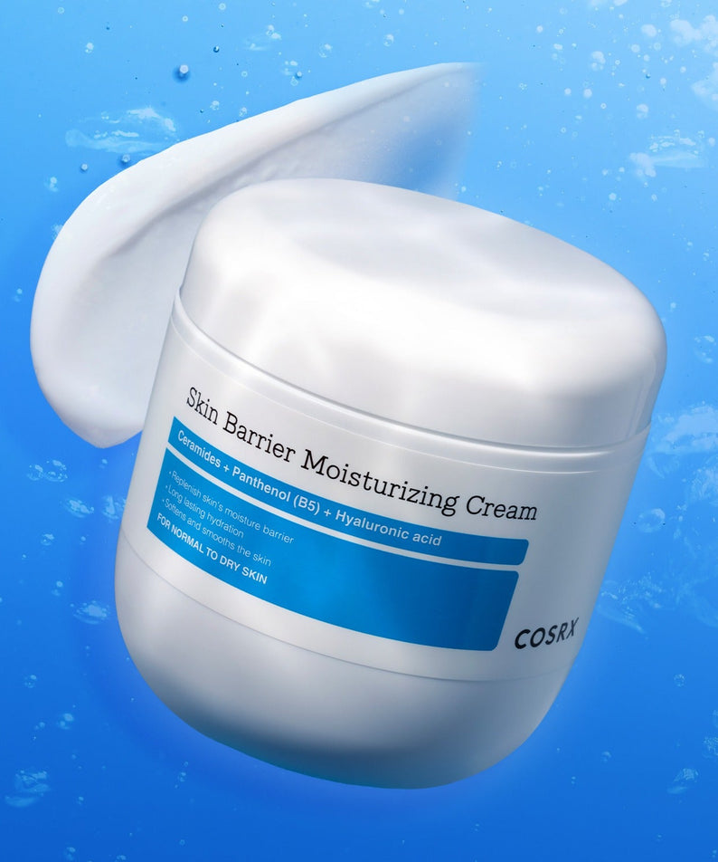 COSRX Skin Barrier Moisturizing Cream 450ml in jar with blue background, ideal for dry and sensitive skin.