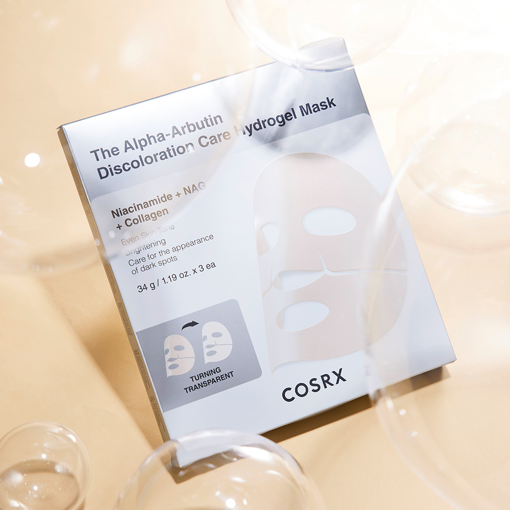 COSRX The Alpha-Arbutin Discoloration Care Hydrogel Mask (3EA) packaging on display