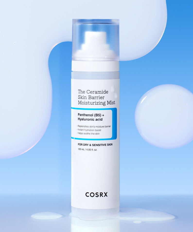 COSRX The Ceramide Skin Barrier Moisturizing Mist 120ml on blue background with product highlights.