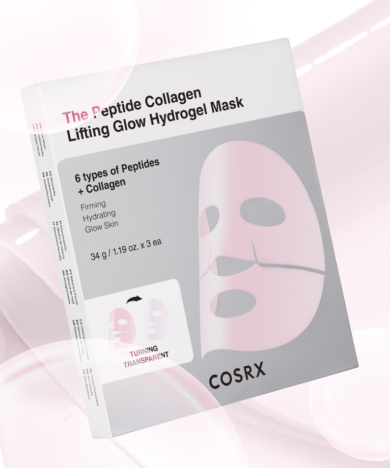 COSRX The Peptide Collagen Lifting Glow Hydrogel Mask (3 sheets) packaging with pink background