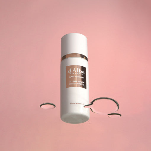 D'ALBA Blanc De Runway All Day Serum Makeup Fixer 80ml bottle on pink background.