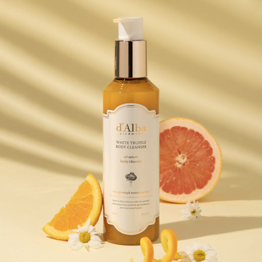D'ALBA Oil Serum Body Cleanser 275ml with grapefruit and orange, showcasing luxury skincare product.