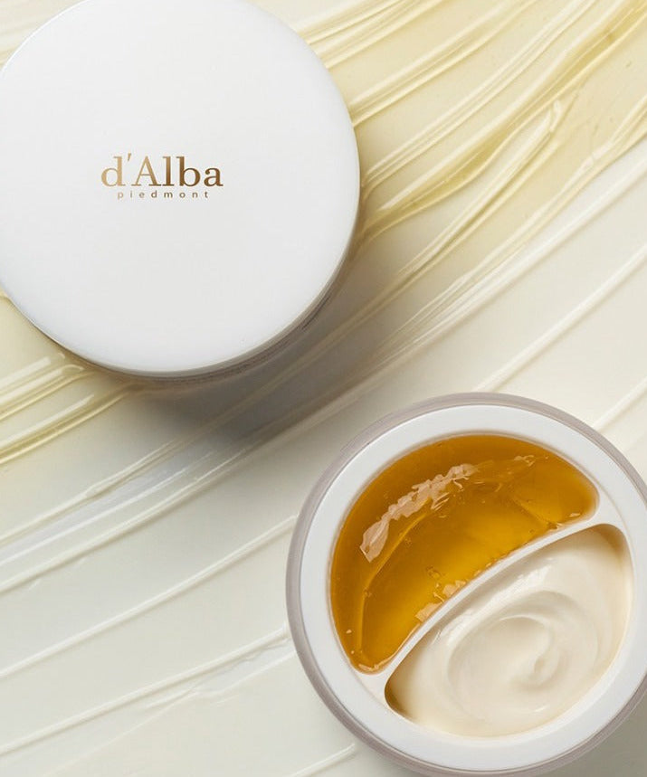 D'ALBA Vegan Double Cream Single 70g open jar showing cream and gel textures on decorative background