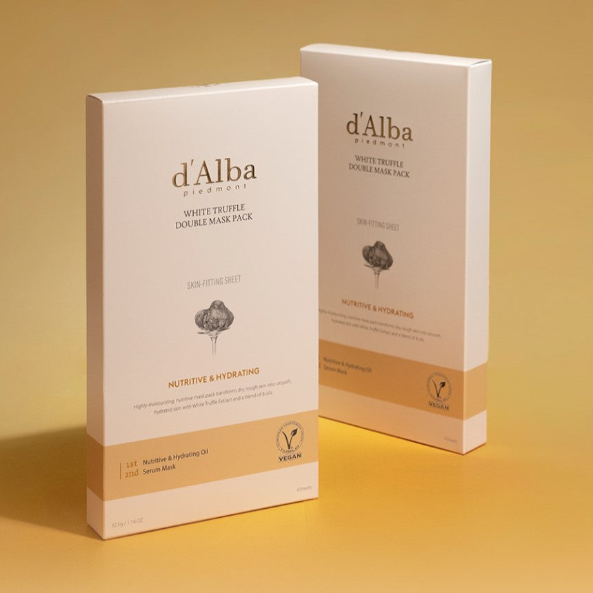 D'ALBA White Truffle Double Mask Pack [Nutritive/ Hydrating] (4 Sheets) packaging against gold background.