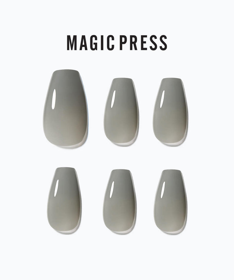 DASHING DIVA MAGIC PRESS Ash Khaki - Coffin, featuring six elegant press-on nails in a refined coffin shape with a sleek khaki color.